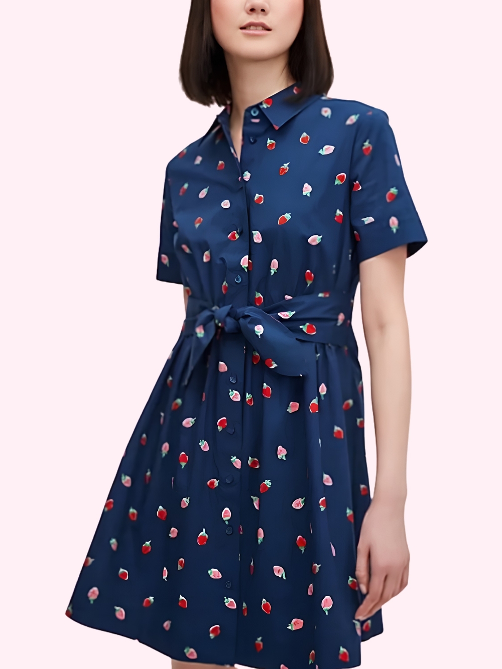 kate spade Navy Cotton Strawberry Print Shirt Dress with Tie Waist